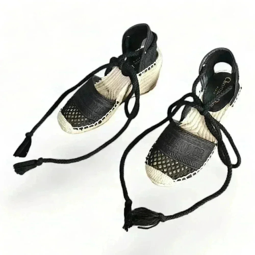 Christian Dior Granville Espadrille Wedge Black Women's 5 Textile Tie 36 - Picture 3 of 9